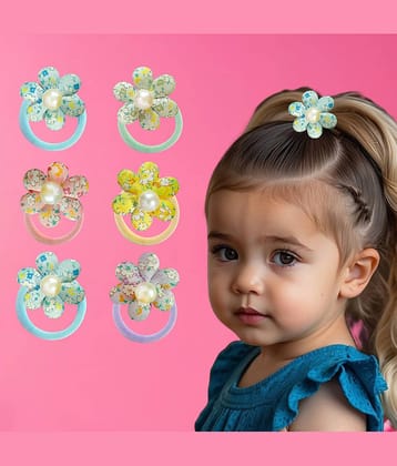 Pearl Flower Rubber Bands For Kids, Baby Girls, 6Pcs, (Multi)