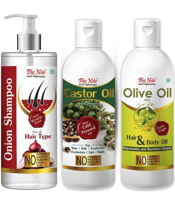 The Nile Red Onion Shampoo 200 ML + Castor 100 ML + Olive Oil 100 ML  Shampoo 400 mL Pack of 3