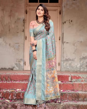 Sky Blue Tussar Silk Saree with Intricate Zari Border and Artistic Pallu Design-Regular