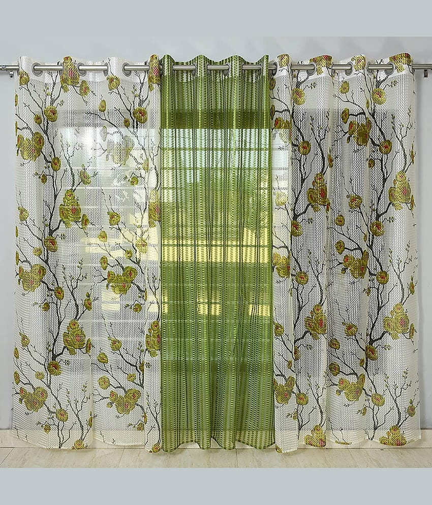 Kraftiq Homes Floral Transparent Eyelet Curtain 7 ft ( Pack of 3 ) - Green