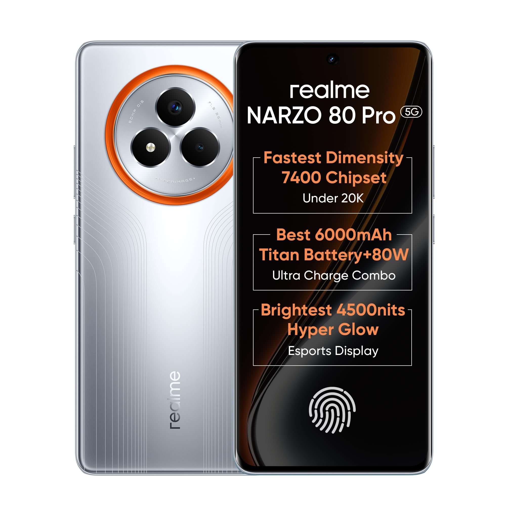 realme NARZO 80 Pro 5G (Speed Silver,8GB+256GB) | Segment's 1st MediaTek Dimensity 7400 Chipset | 6000mAh Titan Battery + 80W Ultra Charge | 4500nits HyperGlow Esports Display | IP69 Waterproof realme NARZO 80 Pro 5G (Speed Silver,8GB+256GB) | Segment's