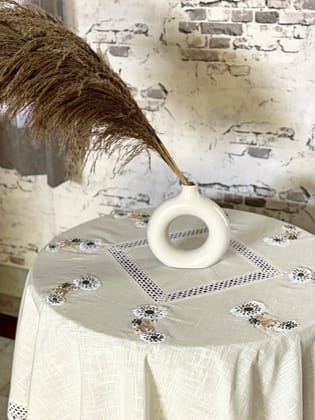 KRI India Ivory Hand Embroidered Tablecloth | 60 inches | Wash & Care | 100% Cotton | Handcrafted in India. 100% organic & natural.