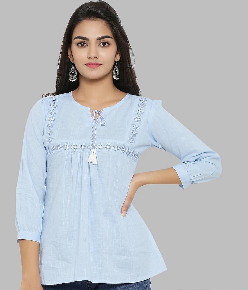 Yash Gallery Women's Cotton A-Line Top ( Light Blue )