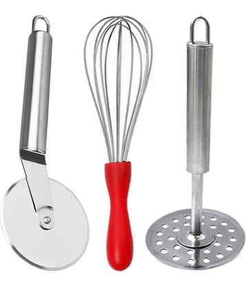 JISUN Stainless Steel Wheel Pizza Cutter & Vegetable Masher / Pav Bhaji Masher / Potato Masher & Plastic Handle Whisk, Beater, Whisker Silver Kitchen Tool Set