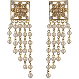 Square Designer Drop Crystal pearl Dangler Golden  White Alloy Brass  Copper Earrings for Women's Fashion Jewelry