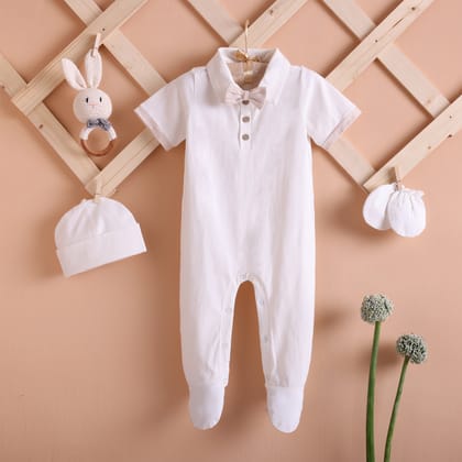 Poshaak Baby Overall Romper Set - Pearl White-Pearl  White / 3-6 months with Cap and  Mittens