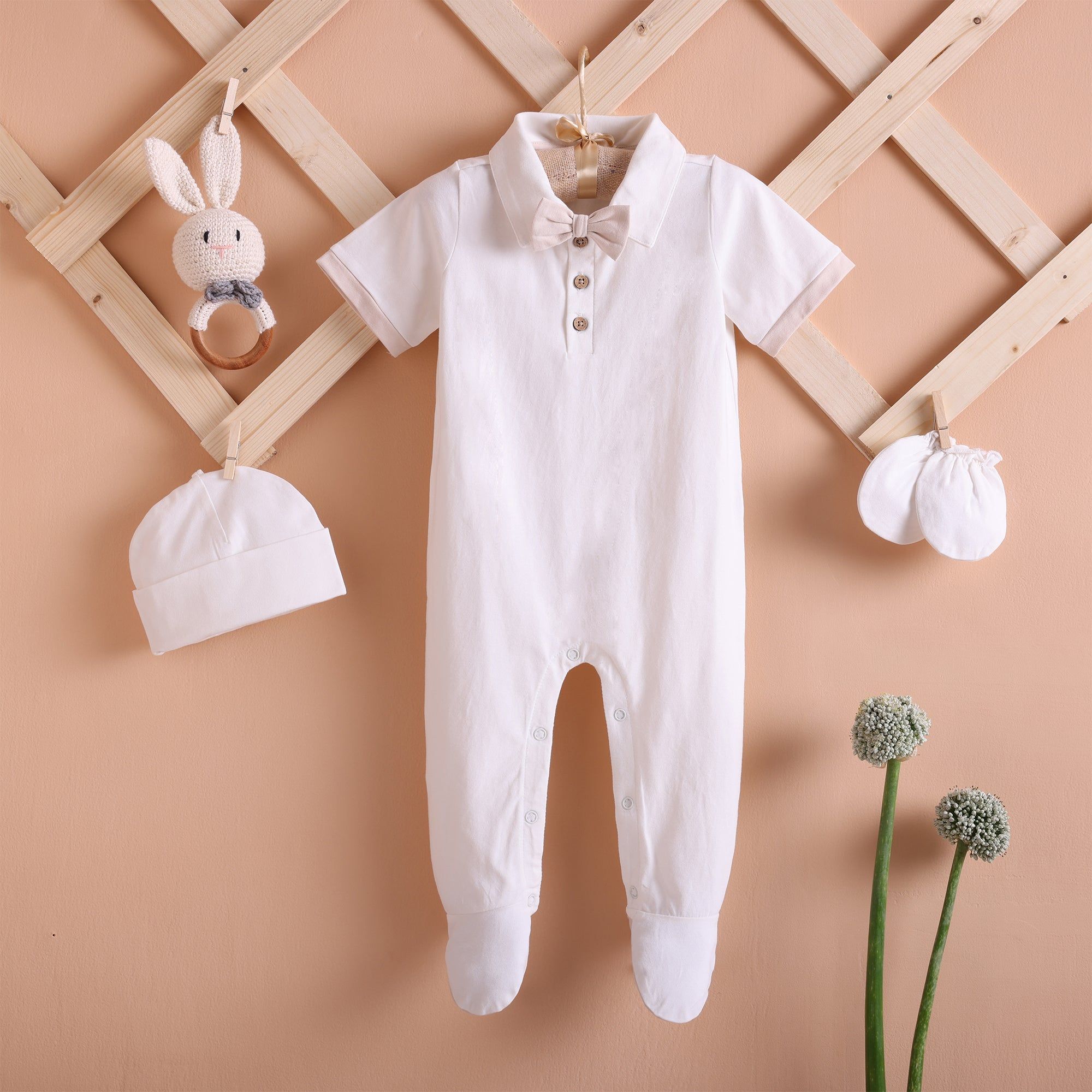 Poshaak Baby Overall Romper Set - Pearl White-Pearl  White / 3-6 months with Cap and  Mittens