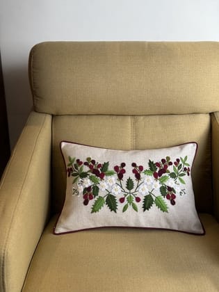KRI India Bloom Christmas Leaf Cushion Cover | Maroon, Green & Ivory  | 12x18 inches  | Wash & Care | 100% Cotton | Handcrafted in India. 100% organic & natural.