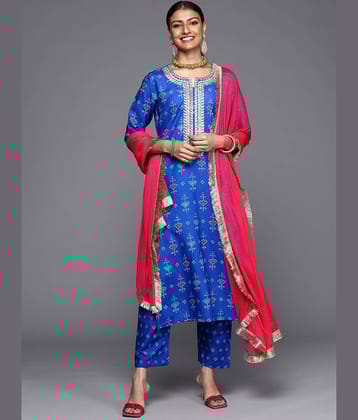 Varanga Silk Blend Printed Kurti With Pants Women's Stitched Salwar Suit - Blue ( Pack of 1 )