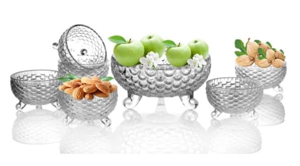 Crystal Glass Bowl Set of 7 pcs with 1 Large Bowl & 6 Small Bowls for Serving Snacks, Pudding, Dessert, Fruits and Kitchen Purpose (Fish Design)