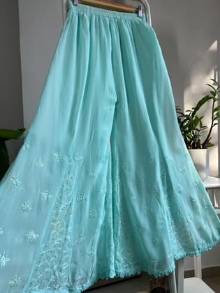 Chikankari Plazzo with mukaish - Flare - Cyan Green