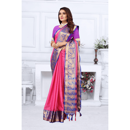 TheHangr Pink With Blue Border Silk And Cotton Jacquard Saree With Silk And Cotton Blouse Piece