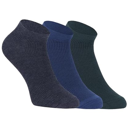 USOXO Men's Jacquard Design Plain Socks I Cushioned Combed Cotton Ankle Length I Padded Base & Anti-Bacterial I Comfortable Free Size Sock for Daily Workout Sports  Set of 3 Dark Grey, Blue, Green