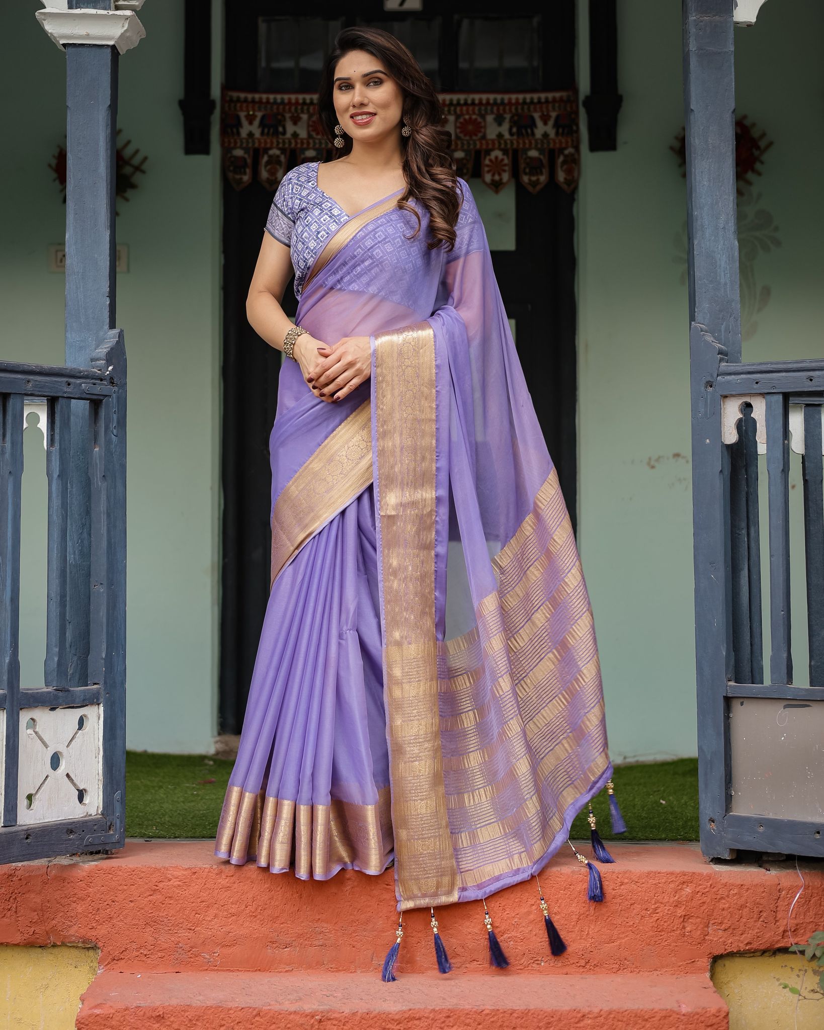 Lavender Plain Chiffon Saree with Gold Zari Border, Geometric Printed Blouse & Tassel Detailing-Regular