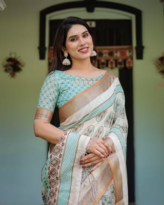 Beige With Aqua Pure Cotton Linen Saree with Geometric Floral Design and Tassels on Edges-Regular