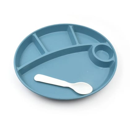 Plastic Food Plates or Biodegradable 5 Compartment Plate with Spoon for Food Snacks or Nuts or Desserts Plates for Kids, Reusable Plates for Outdoor, Camping, BPA-Free (Blue)