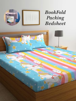 Bookfold Blue & White Conversational Printed 300 TC King Bedsheet & Pillow Covers