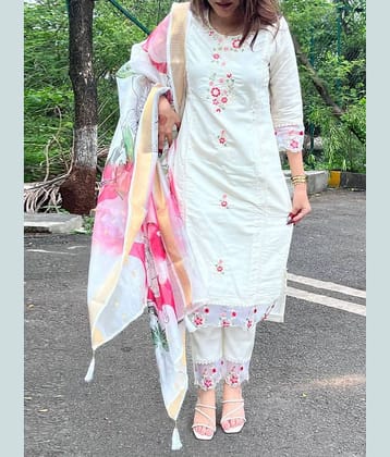 Niza Fashion Women Chanderi Embroidered Straight Kurti With Pants ( White )