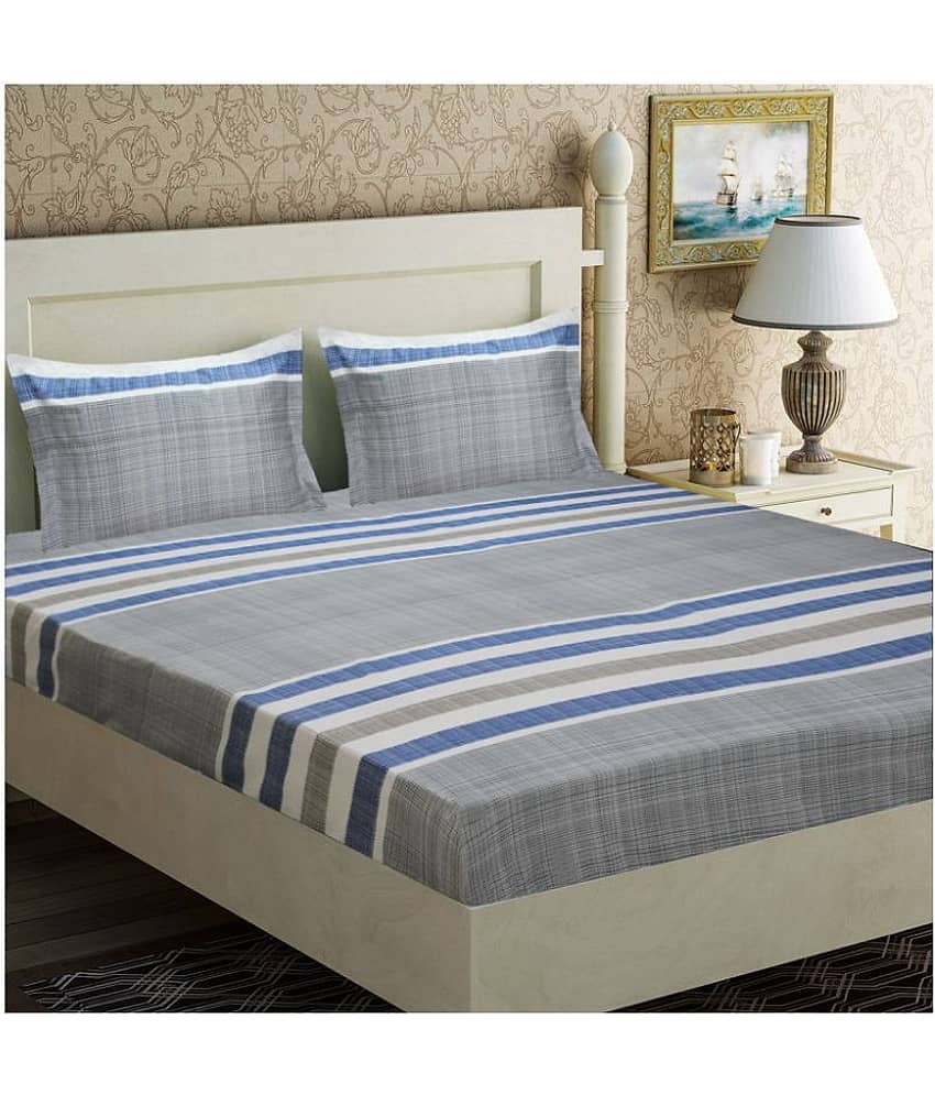 Home Candy Microfiber Striped Double Bedsheet with 2 Pillow Covers- Grey