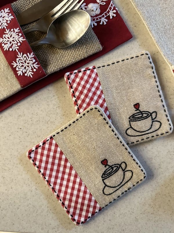 KRI India Raw Set of 4 Coffee Love Coasters & Trivets|8 inches | Jute & Red-White Checks  | Wash & Care | 100% Cotton | Handcrafted in India. 100% organic & natural.