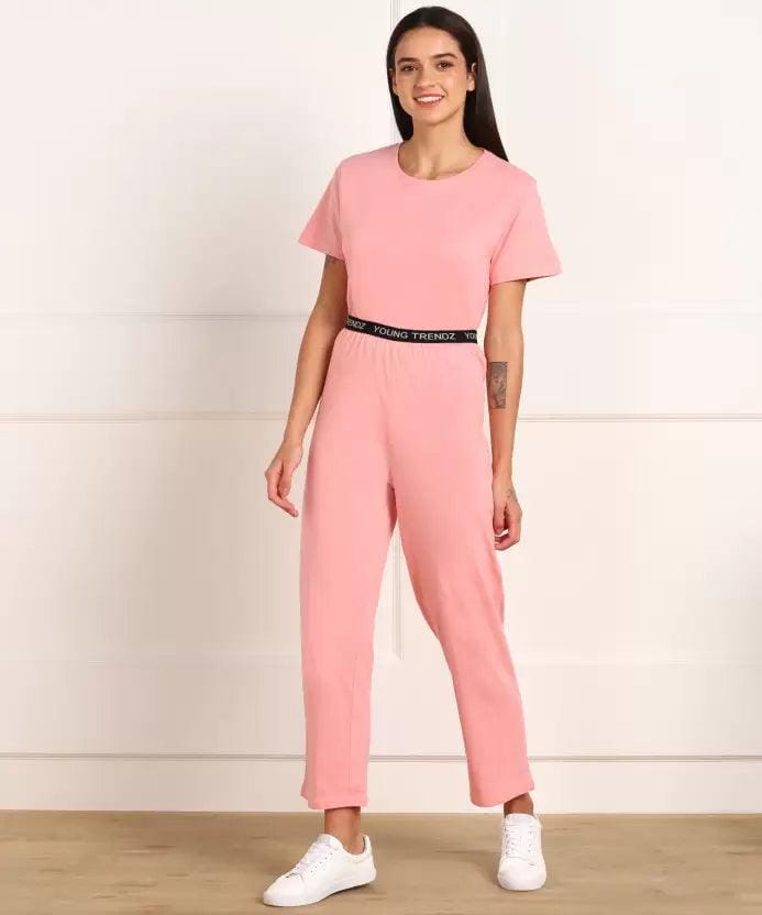 Women T-shirt & Pyjama Set Pure Soft Cotton - Pink-S
