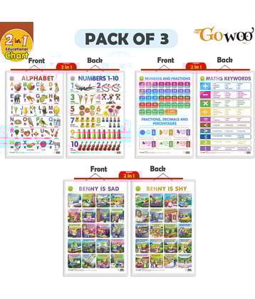 Set of 3 | 2 IN 1 ALPHABET AND NUMBER 1-10, 2 IN 1 NUMBER & FRACTIONS AND MATHS KEYWORDS and 2 IN 1 BENNY IS SAD AND BENNY IS SHY Early Learning Educational Charts for Kids