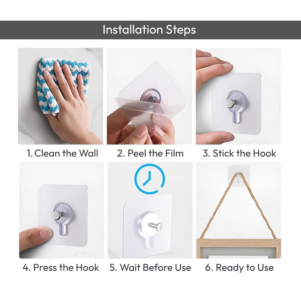 10-Pack Transparent Self-Adhesive Wall Hooks - Strong & Reusable Utility Hangers