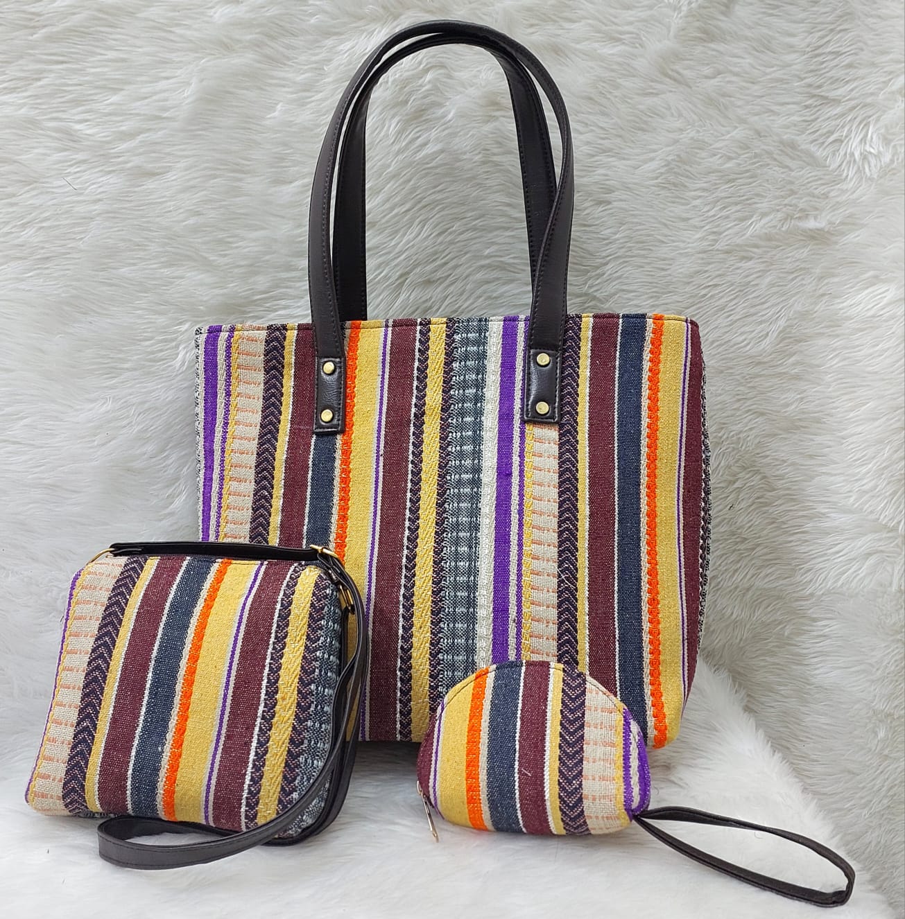 Striped Canvas Tote Bag with 2 Pouches, Brown Handles