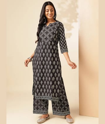 Vbuyz Cotton Printed Kurti With Palazzo Women's Stitched Salwar Suit - Black ( Pack of 1 )