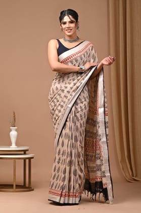 HAND BLOCK PRINTED COTTON LINEN SAREE WITH BLOUSE