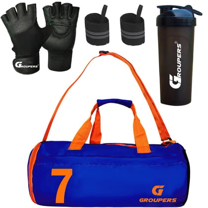 GROUPERS Combo Set of Duffle Polyester Bag with Shaker Bottle-700ml, Gloves & Wrist Band (Blue 07)