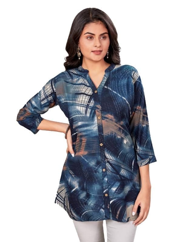 Women's Rayon Mandarin Collar 3/4 Sleeves Short Top (Blue, 2XL)-PID56256