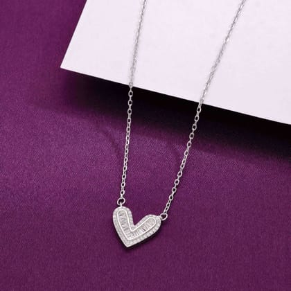 Sterling Silver Studded Heart Necklace-White Stone / Silver