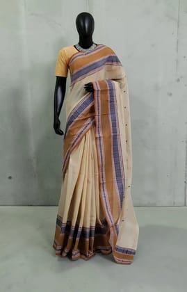 Handwoven Kanchipuram Cotton-Silk Saree in Tan with Blue Striped Border Handwoven Kanchipuram Cotton-Silk Saree in Tan with Blue Striped Border
