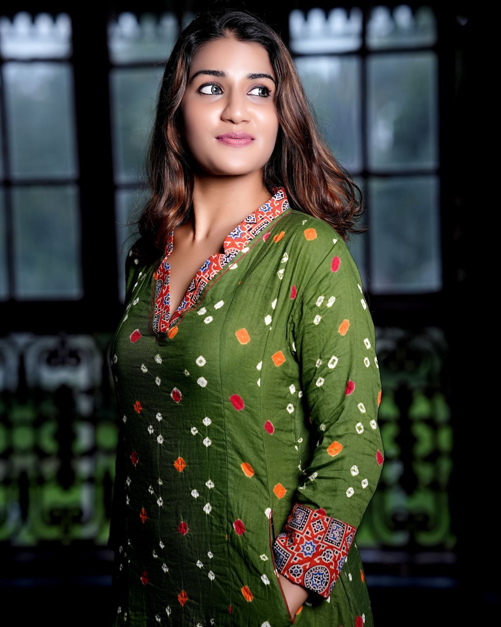 Bandhani Cotton  V-collar neck Paneled kurta with Ajrakh Patches and 3/4 Sleeves,  Olive Green,  KP1085-S