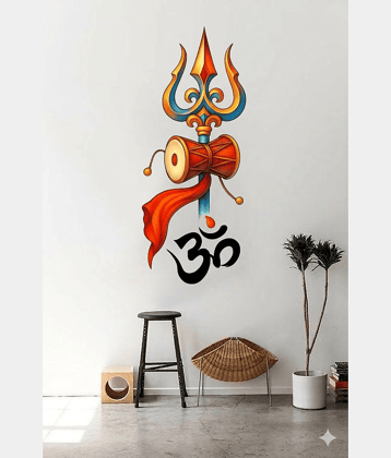 Shiva Trishul with Damru and Om Wall Sticker, Multicolour, Spiritual Decor, 22cm x 50cm Self Adhesive Sticker (Pack of 1)