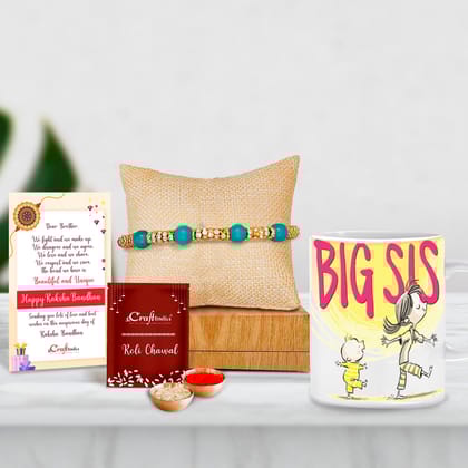 Designer Pearl Rakhi with Mug for Brother and Roli Chawal Pack, Best Wishes Greeting Card