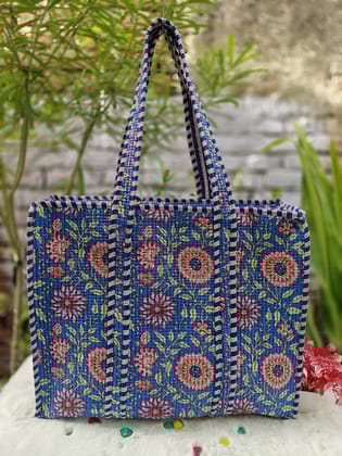Handblock Printed Quilted Tote Bag with concealed zip ( 17x18x 6 inches)