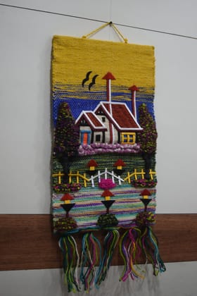 Handwoven Decorative Wall Tapestry, Traditional House Design, Multicolor, Wool Blend, Colorful Fringe, Folk Art Style, Yellow Background