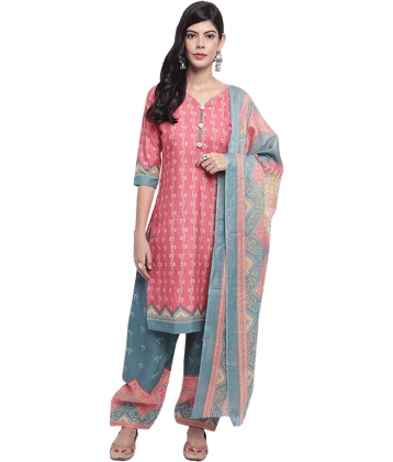 Rajnandini Women Cotton Blend Printed Straight Kurti With Patiala Salwar ( Peach )