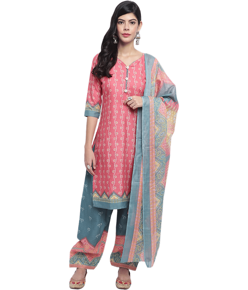 Rajnandini Women Cotton Blend Printed Straight Kurti With Patiala Salwar ( Peach )