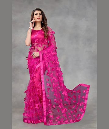 Aika Net Embroidered Saree With Unstitched Blouse Piece ( Pink )