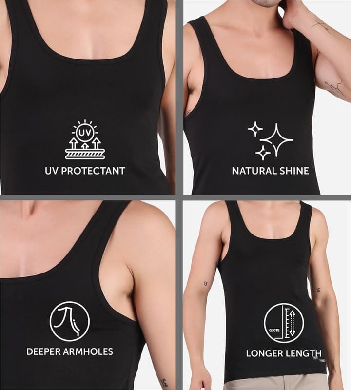 Freecultr Cotton Vest for Men Sleeveless Lightweight Solid Round Neck Comfort Vests Breathable & Comfortable Innerwear Sando for Man Regular Fit Pack of 2-Black,Light Grey