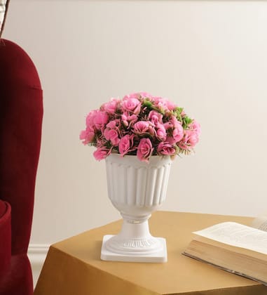 Foliyaj Artificial Plant Bush in Plastic Pot for Home Decor | Decoration Items for Living Room | Decorative Table Top Indoor Plants Bonsai for Office Desks & Counters (Pink Roses in Pedestal Pot)