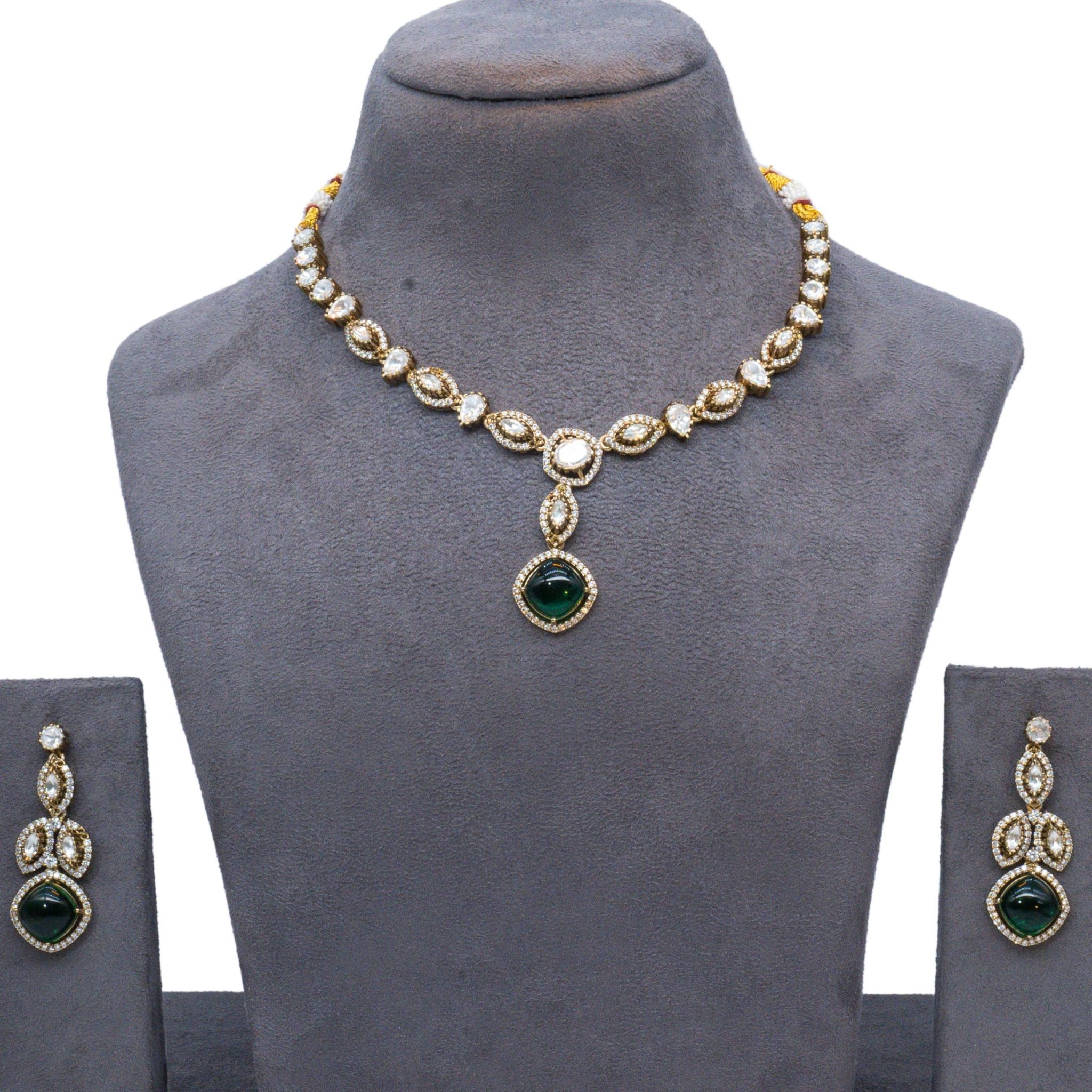 Gold-Plated Green Pendant Necklace Set with Matching Drop Earrings