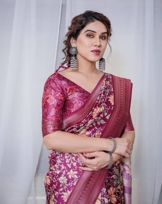 Majestic Maroon Floral Banarasi Silk Saree with Zari Weave and Tassels-Regular