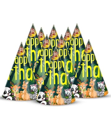 Zyozi Animals Cone Hats Birthday Party Hats for Kids Jungle Safari Zoo Birthday Party Decorations DIY Photo Props Supplies, Tiger, Giraffe, Elephant, Monkey, Lion, Zebra (Pack of 10)