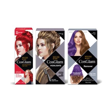 COSGLAM Combo Pack, Semi Permanent Hair Color Valentine Red 120g, Hair Highlighter Kit 115g & Hair Color Remover 70ml