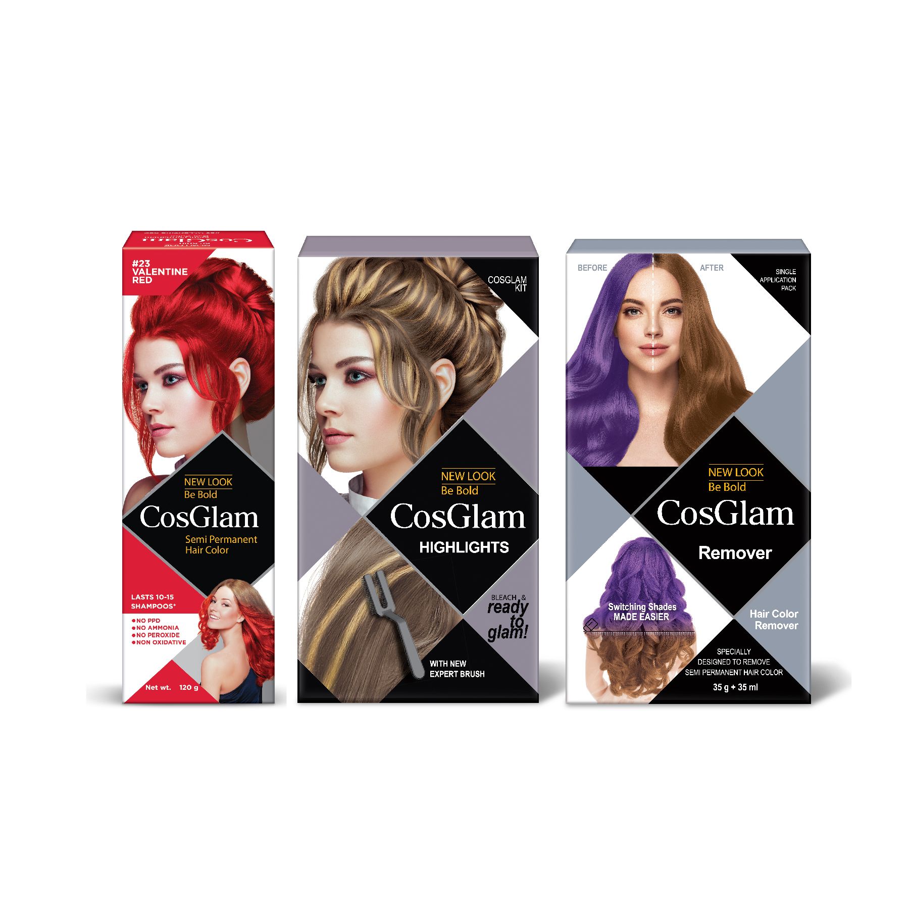 COSGLAM Combo Pack, Semi Permanent Hair Color Valentine Red 120g, Hair Highlighter Kit 115g & Hair Color Remover 70ml