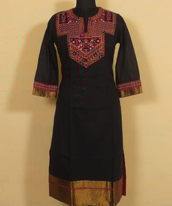 Black multicolor hand aari embroidered cotton kurta